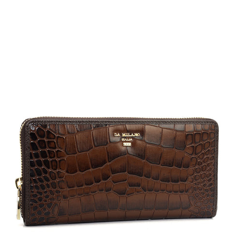 Da Milano Women's Leather Wallet - Croco Leather Ladies Wallet - Brown