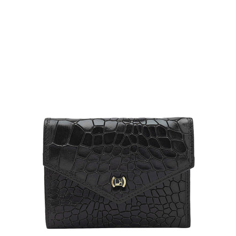 Da Milano Women's Leather Wallet - Croco Leather Ladies Wallet - Black
