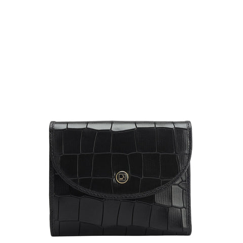Da Milano Women's Leather Wallet - Croco Leather Ladies Wallet - Black