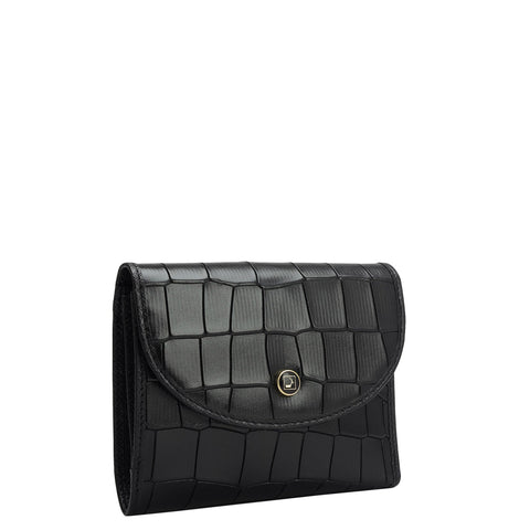 Da Milano Women's Leather Wallet - Croco Leather Ladies Wallet - Black