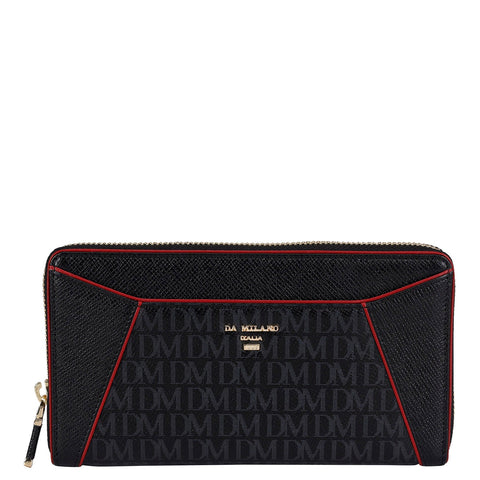 Da Milano Women's Leather Wallet - Monogram Franzy Leather Ladies Wallet - Black