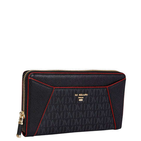 Da Milano Women's Leather Wallet - Monogram Franzy Leather Ladies Wallet - Black