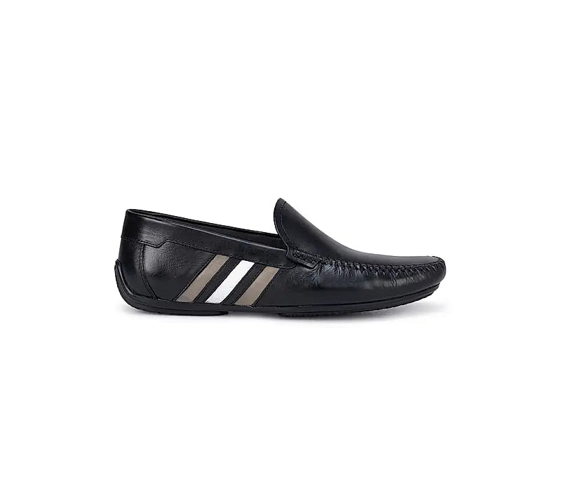 Black Plain Leather Moccasins With Stripes