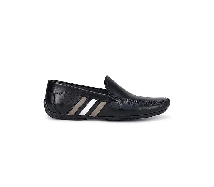 Black Plain Leather Moccasins With Stripes