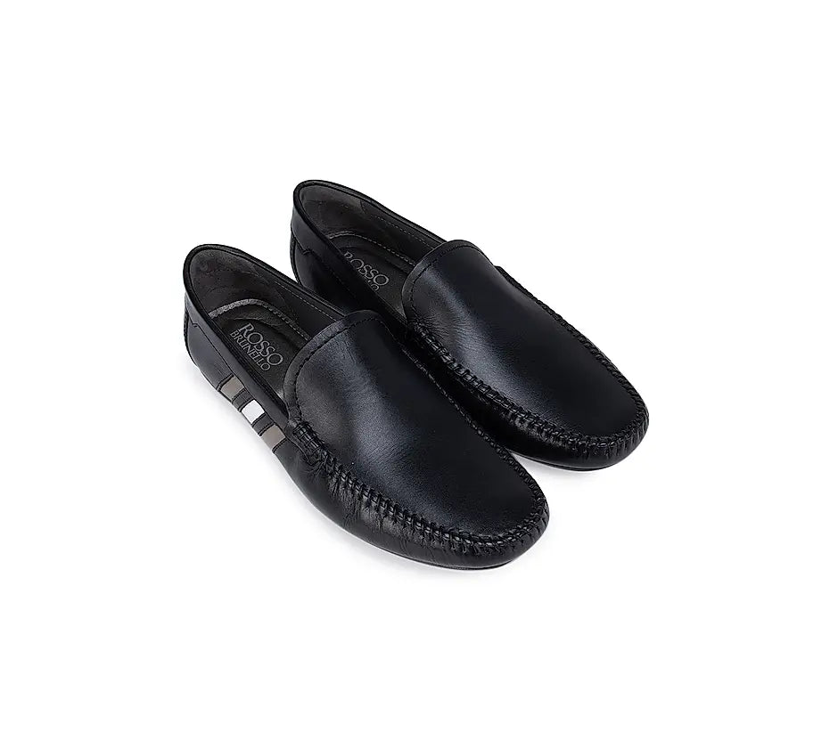 Black Plain Leather Moccasins With Stripes