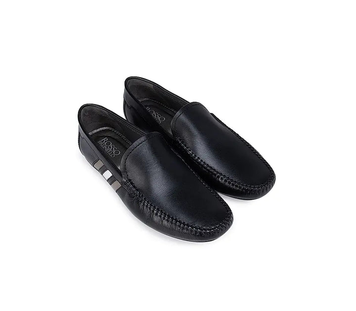 Black Plain Leather Moccasins With Stripes