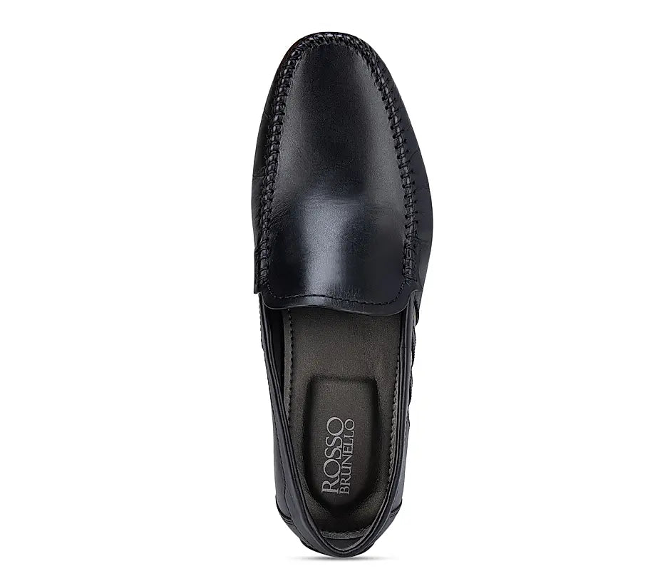 Black Plain Leather Moccasins With Stripes