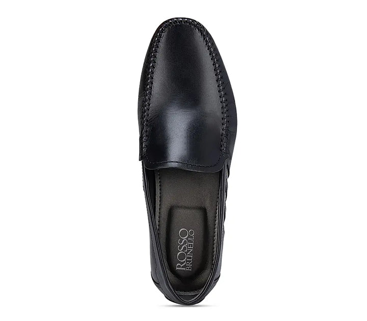 Black Plain Leather Moccasins With Stripes