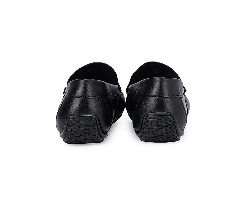 Black Plain Leather Moccasins With Stripes