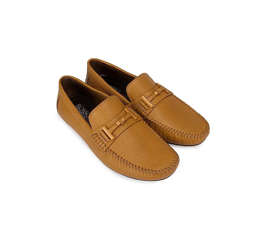 Mustard Textured Leather Panel Moccasins