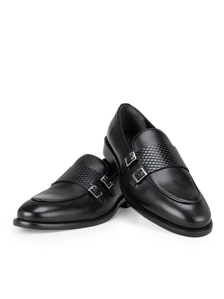 Black Textured Leather Monk Straps