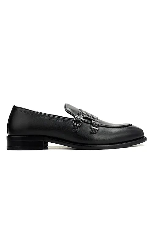 Black Textured Leather Double Monk Straps