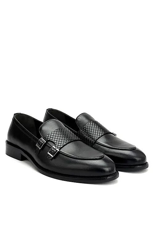 Black Textured Leather Double Monk Straps