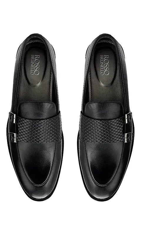 Black Textured Leather Double Monk Straps