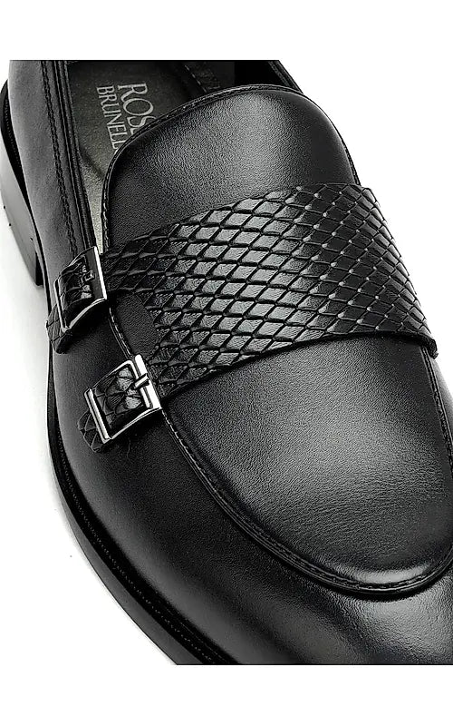 Black Textured Leather Double Monk Straps