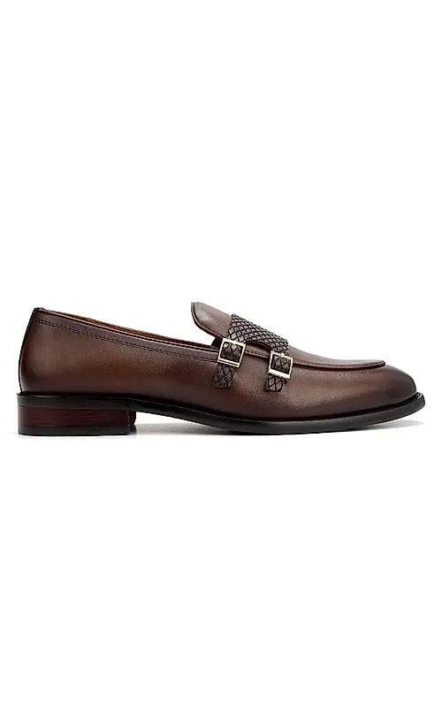 Brown Textured Leather Double Monk Straps