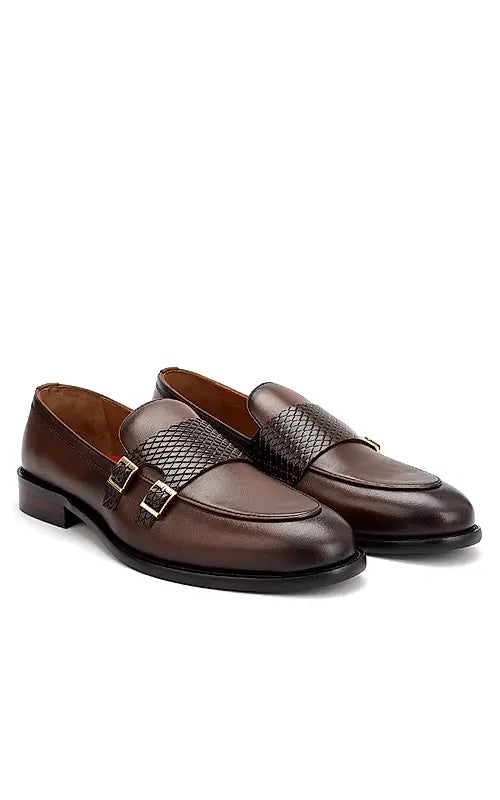 Brown Textured Leather Double Monk Straps