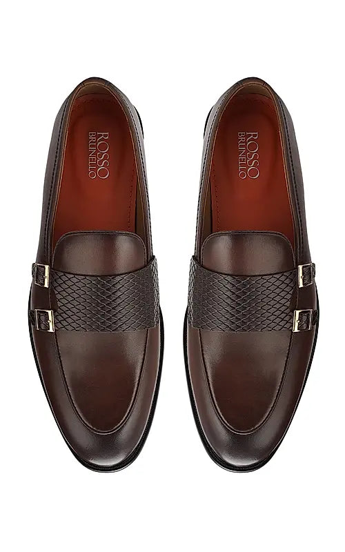Brown Textured Leather Double Monk Straps