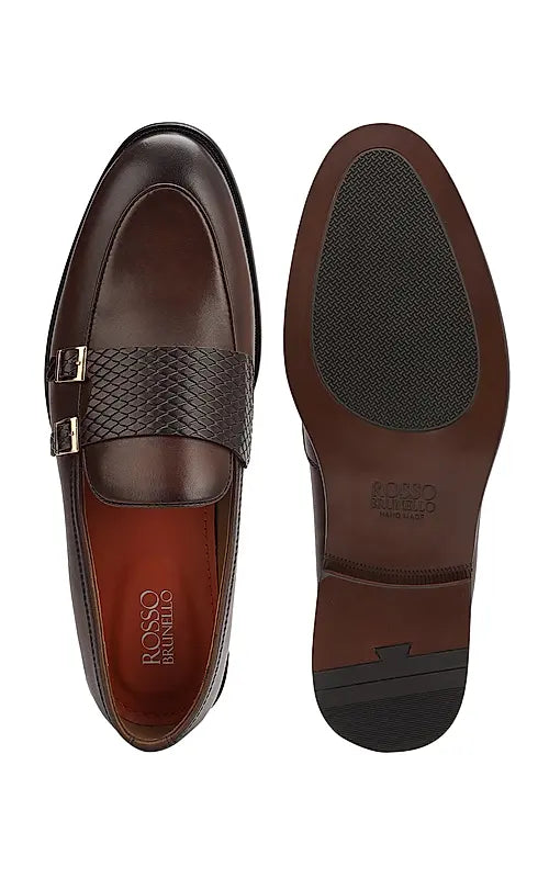 Brown Textured Leather Double Monk Straps