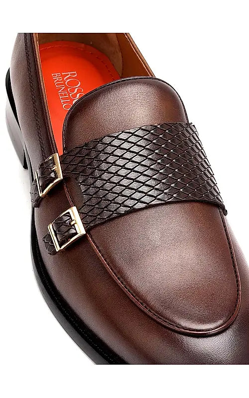 Brown Textured Leather Double Monk Straps