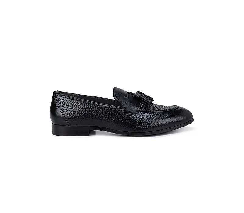 Black Textured Leather Loafers With Tassels