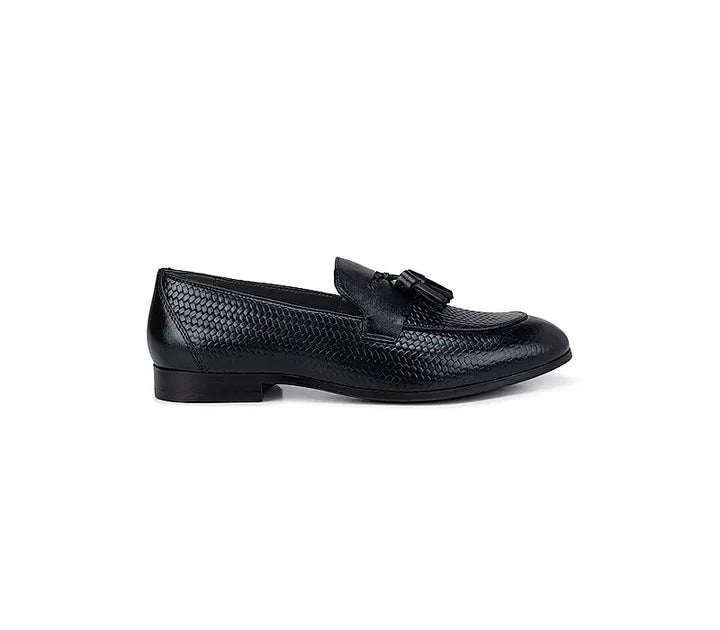 Black Textured Leather Loafers With Tassels