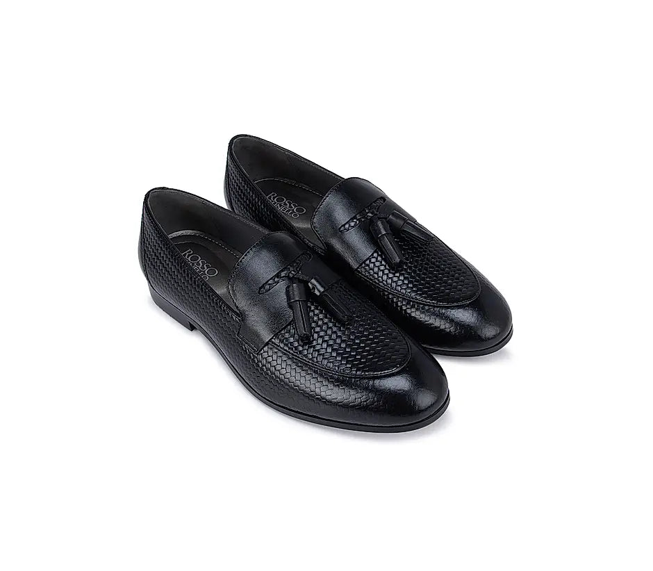 Black Textured Leather Loafers With Tassels