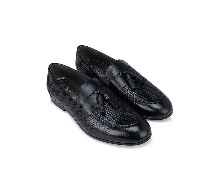 Black Textured Leather Loafers With Tassels
