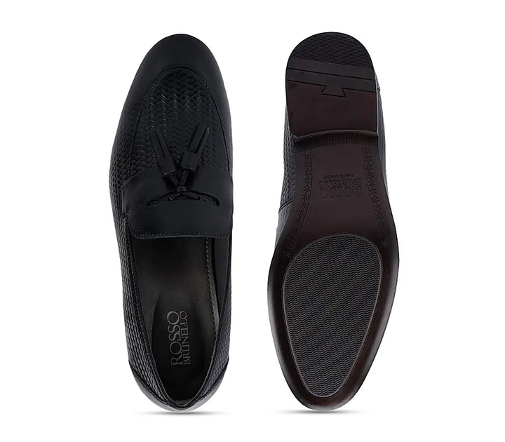 Black Textured Leather Loafers With Tassels