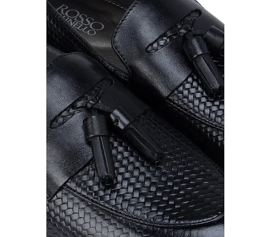Black Textured Leather Loafers With Tassels