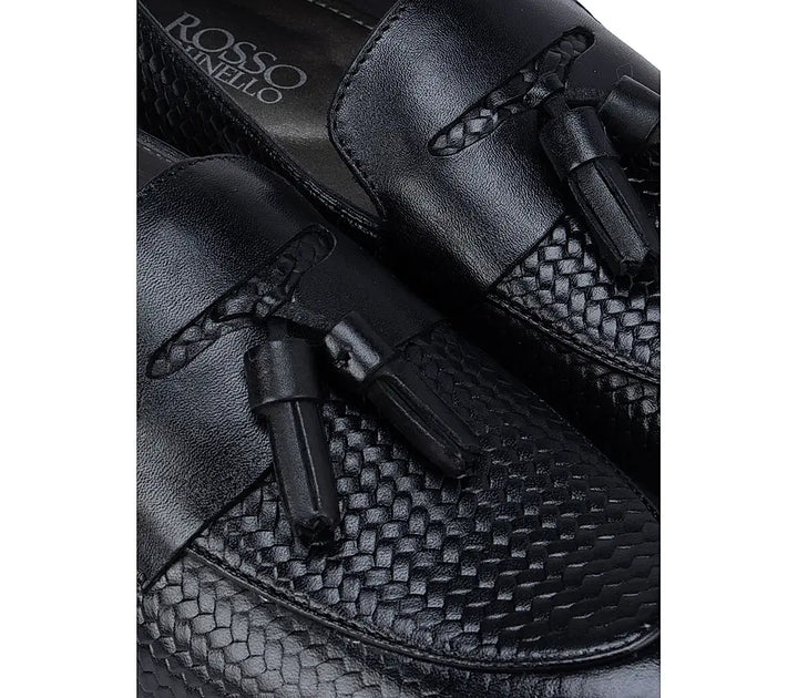 Black Textured Leather Loafers With Tassels