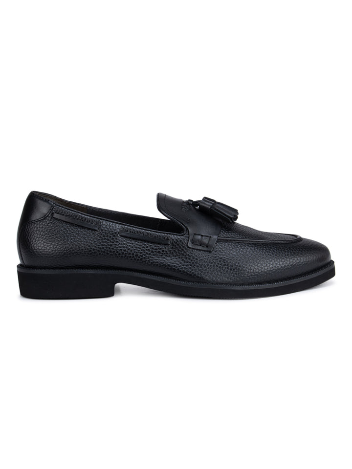 Black Textured Loafers With Tassels