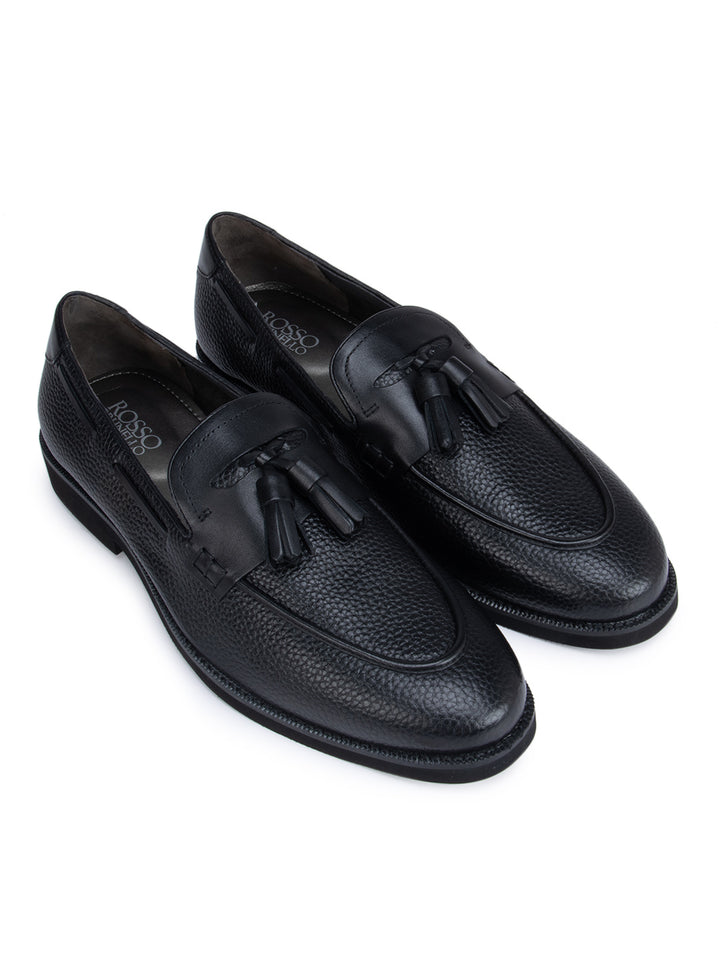 Black Textured Loafers With Tassels