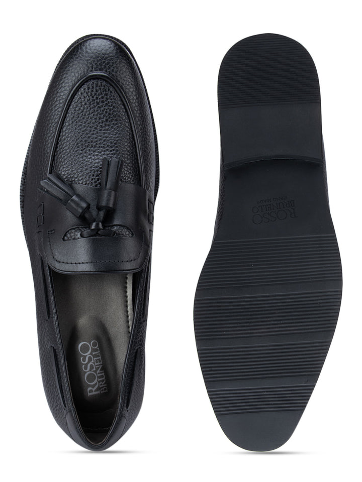 Black Textured Loafers With Tassels