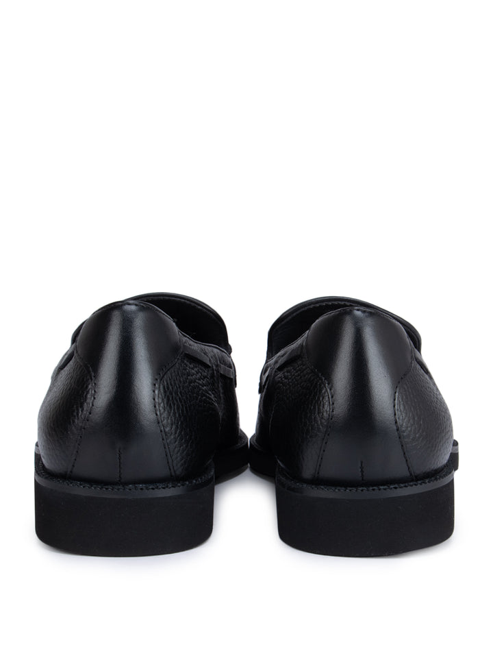Black Textured Loafers With Tassels