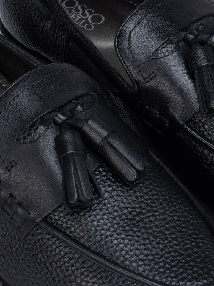 Black Textured Loafers With Tassels