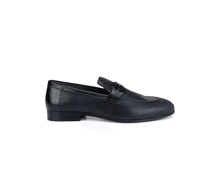 Black Textured Loafers With Logo Strap