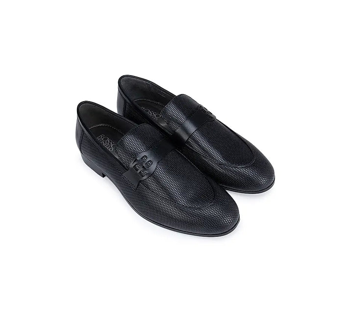 Black Textured Loafers With Logo Strap