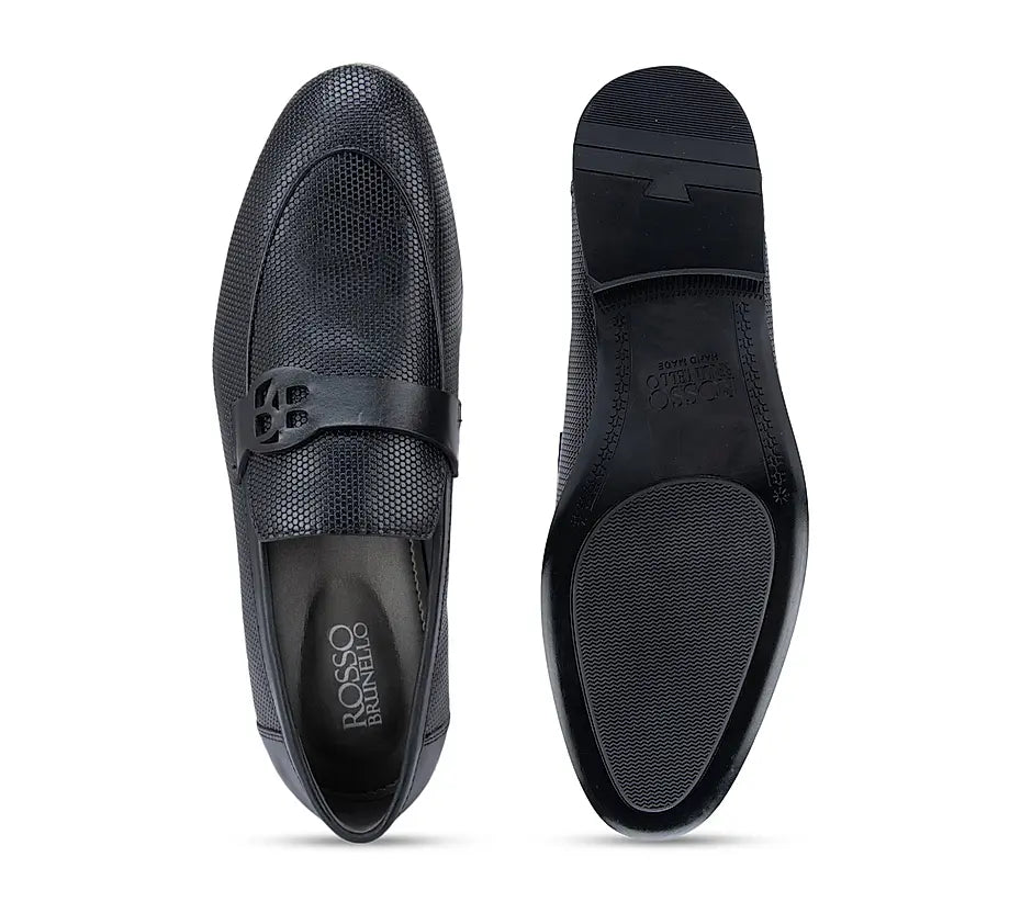 Black Textured Loafers With Logo Strap