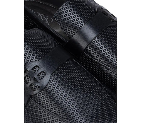 Black Textured Loafers With Logo Strap