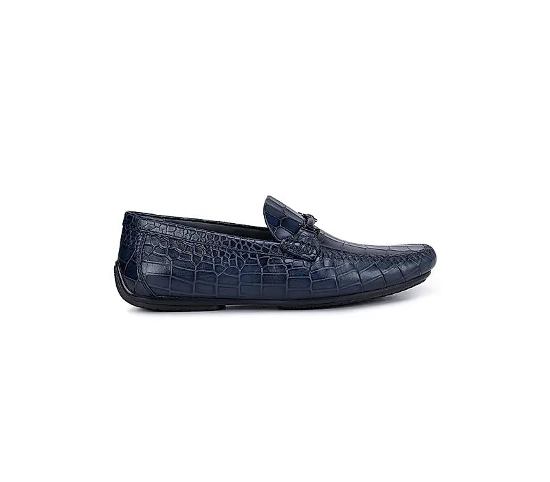 Navy Croco Textured Moccasins With Buckle