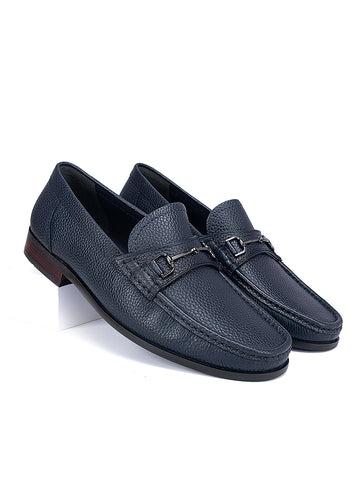 Navy Textured Moccasins With Buckle