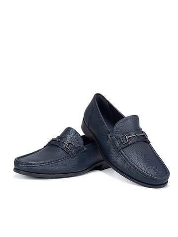 Navy Textured Moccasins With Buckle