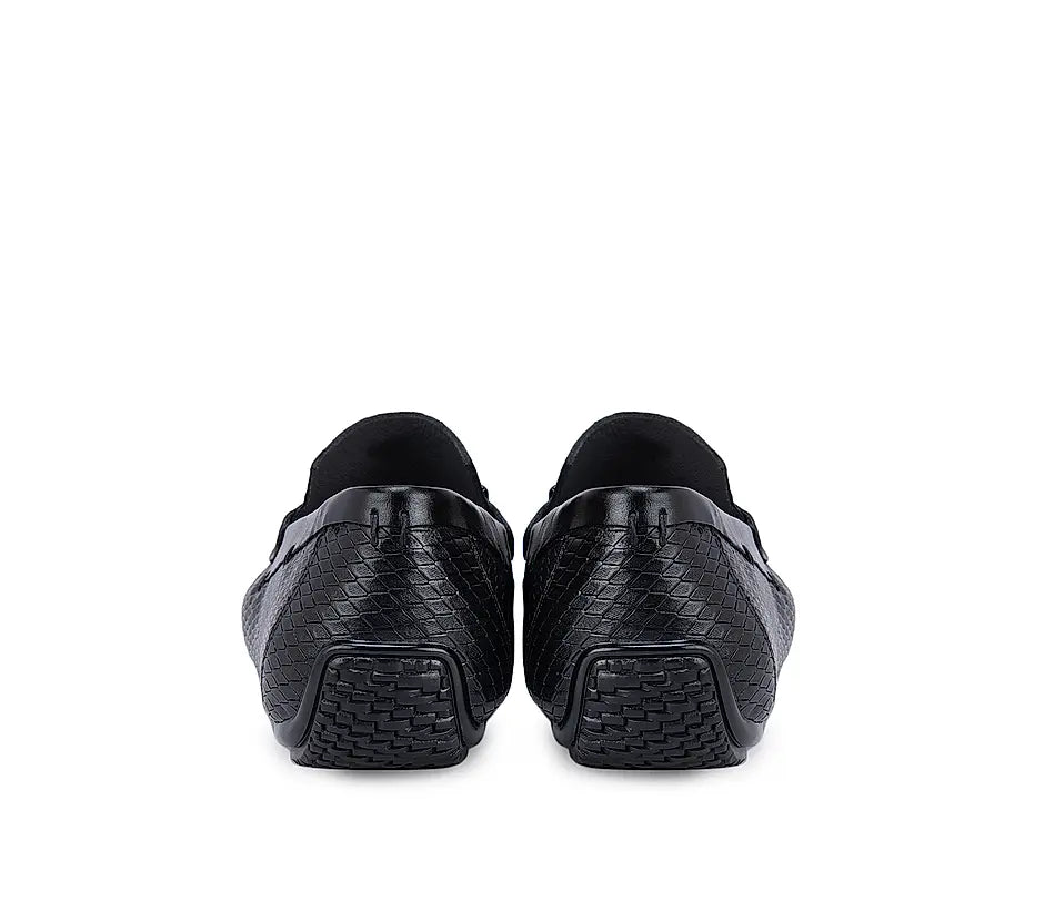 Black Textured Moccasins With Front Embellishments