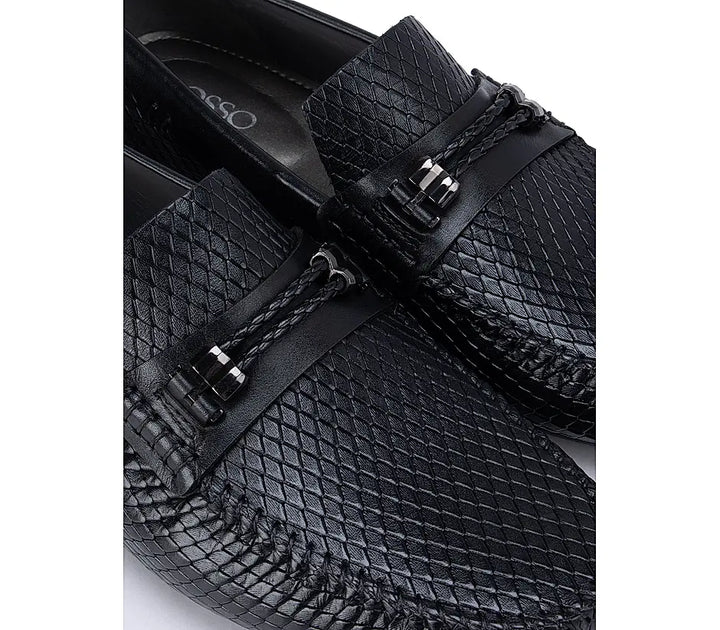 Black Textured Moccasins With Front Embellishments