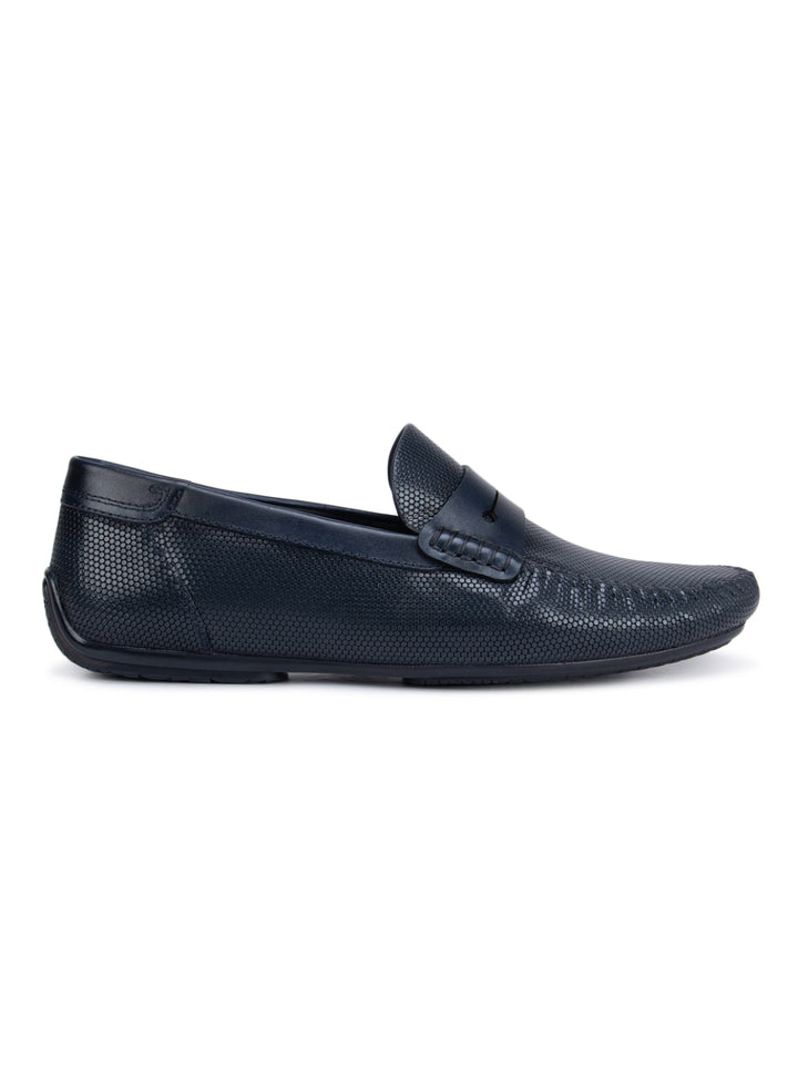 Navy Textured Moccasins With Panel