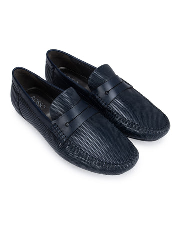 Navy Textured Moccasins With Panel