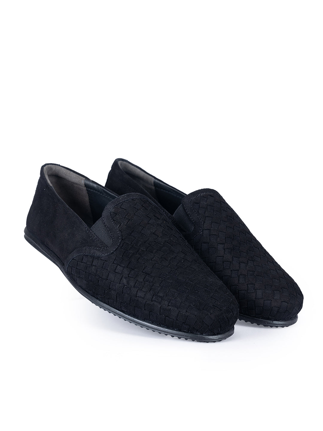 Black Suede Woven Pattern Loafers