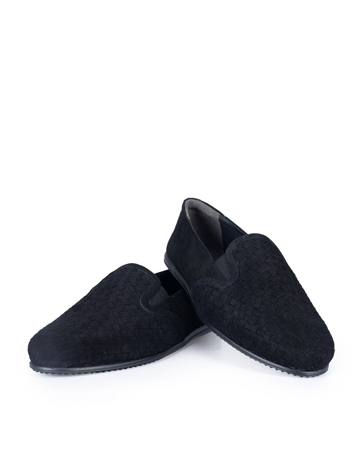 Black Suede Woven Pattern Loafers