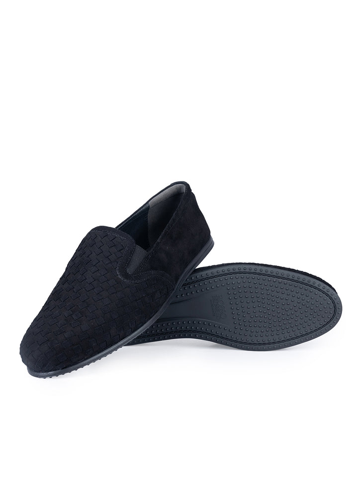 Black Suede Woven Pattern Loafers